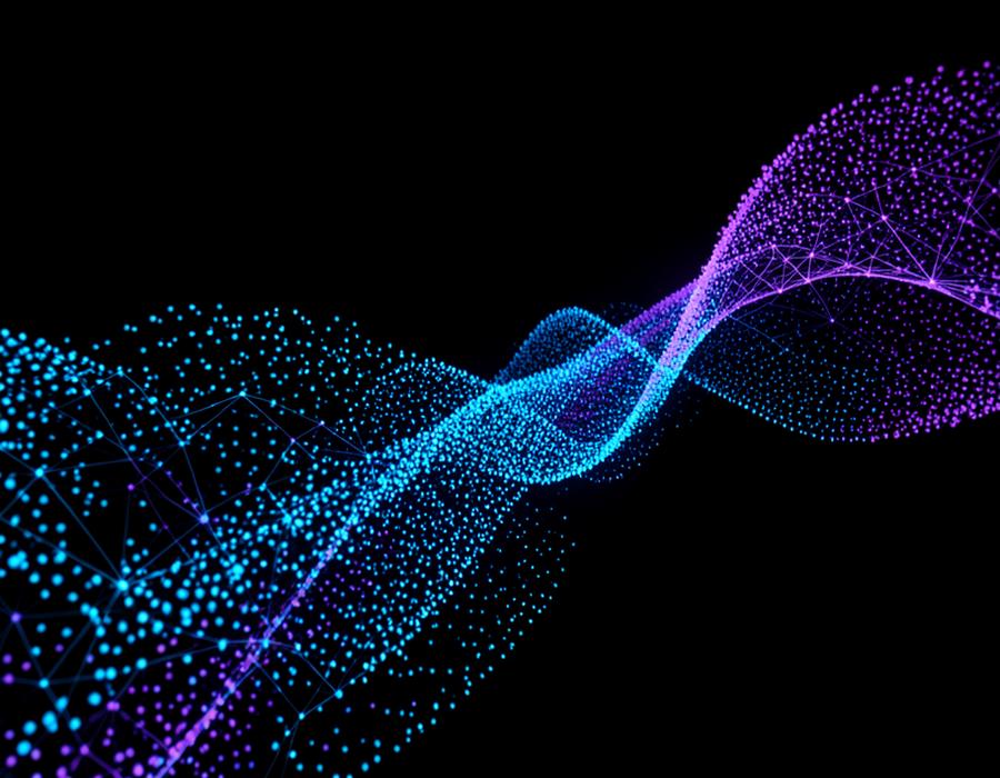Abstract blue and violet particle data wave